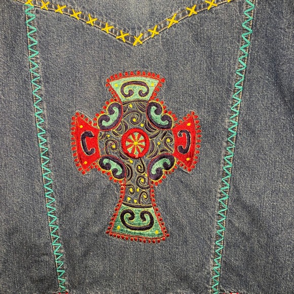 Cattlelac Ranch Denim Jacket L Embroidered Celtic Cross Whipstitch Western Boho - Picture 3 of 10